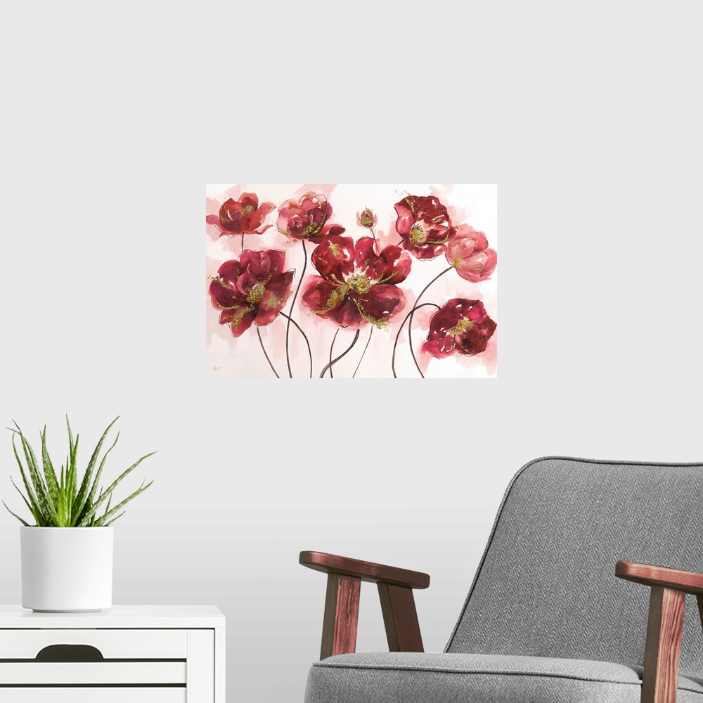 A modern room featuring Ruby red watercolor poppy flowers with metallic gold highlights on a white background with faded ...