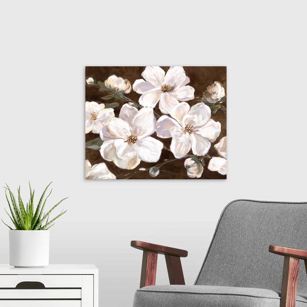 A modern room featuring Contemporary painting of large white flowers with broad petals on a rich brown background.