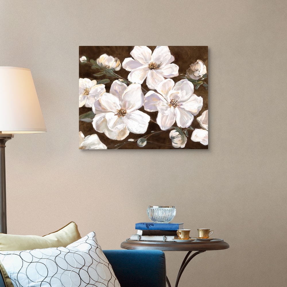 A traditional room featuring Contemporary painting of large white flowers with broad petals on a rich brown background.