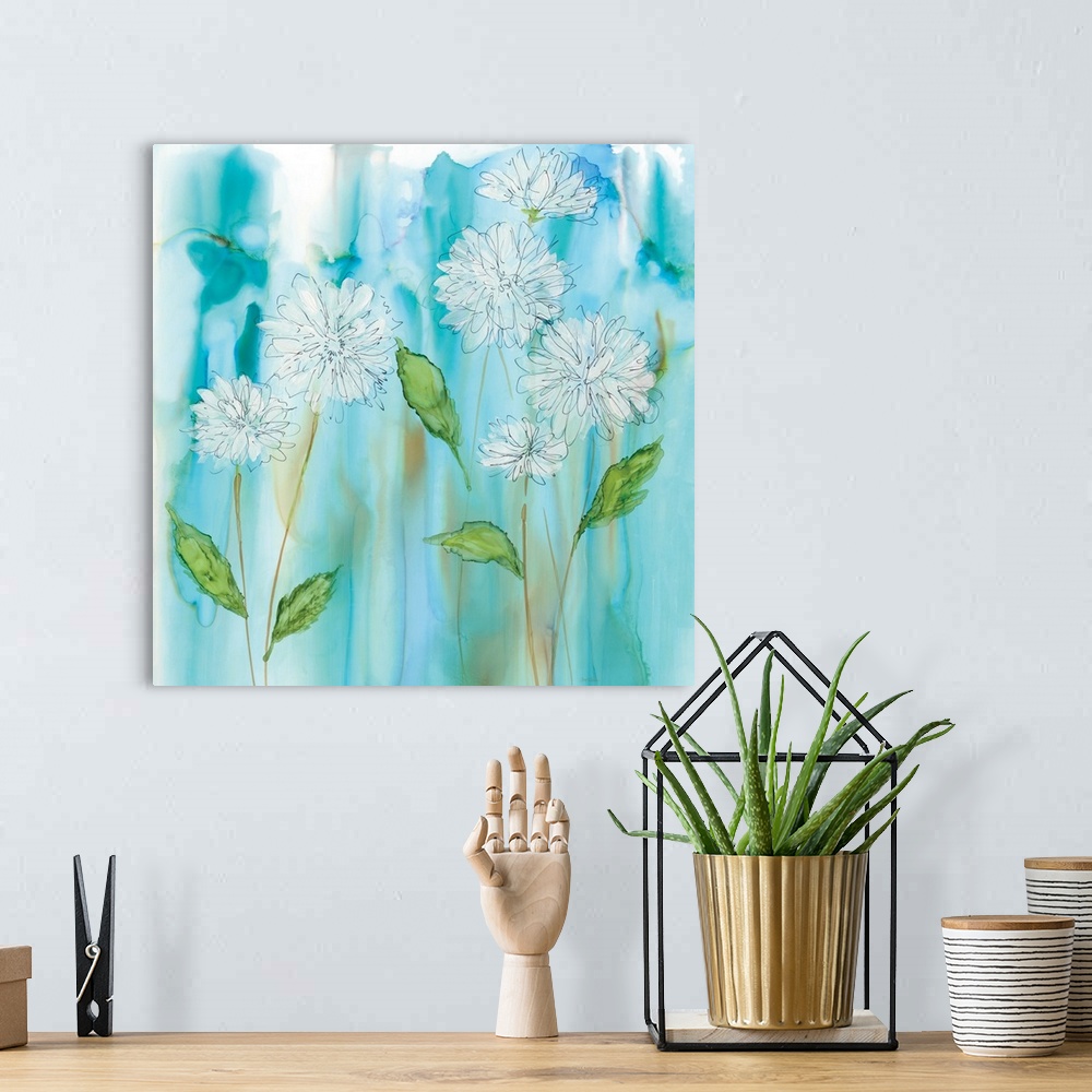 A bohemian room featuring Black and white illustrated flowers with long stems and green leaves on a blue watercolor backgro...