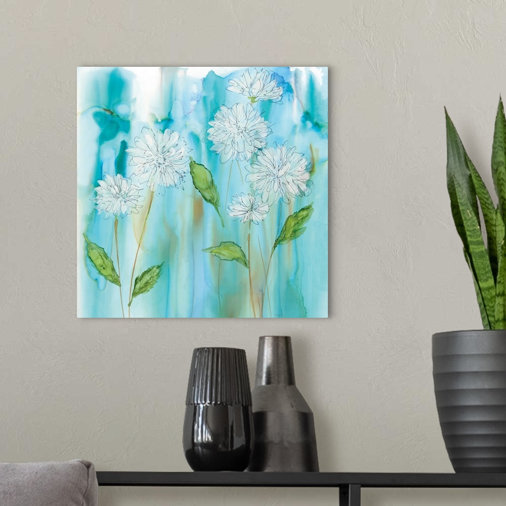 A modern room featuring Black and white illustrated flowers with long stems and green leaves on a blue watercolor backgro...