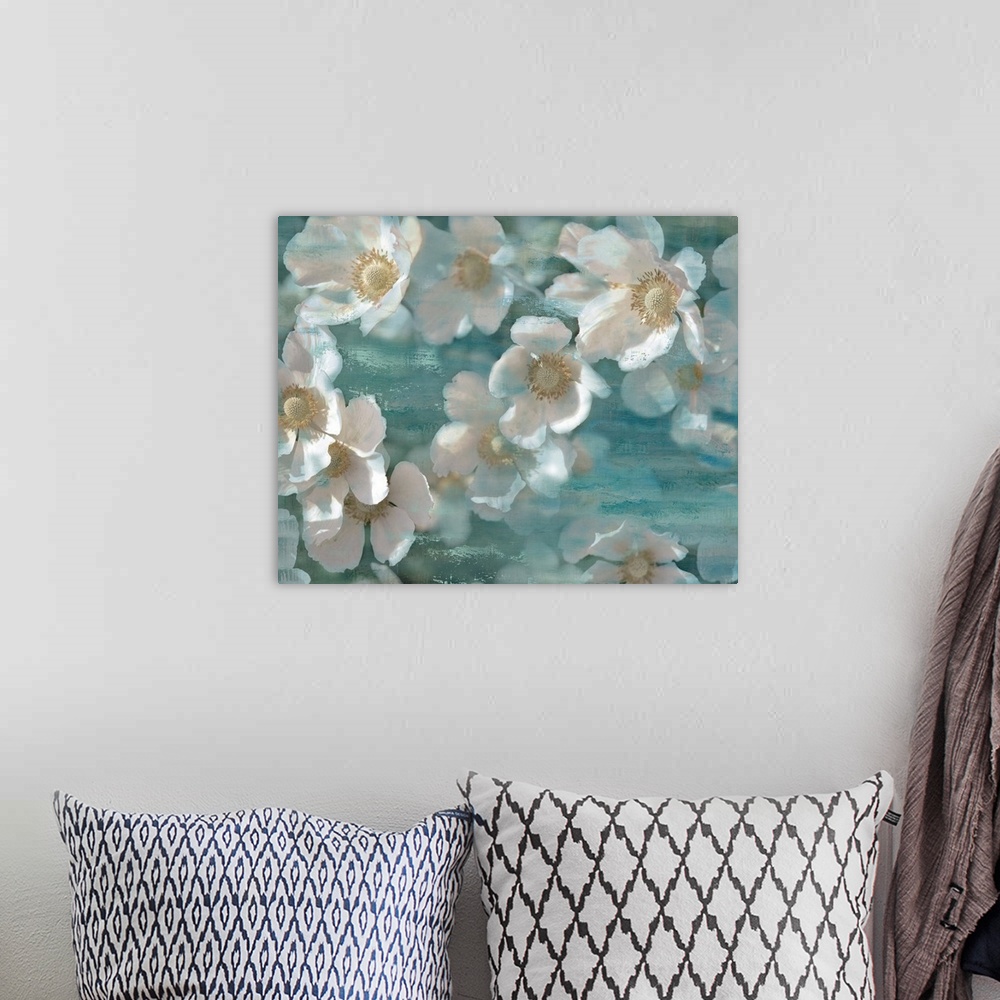 A bohemian room featuring Dream-like painting of white poppy flowers on a blue background with wood grain.