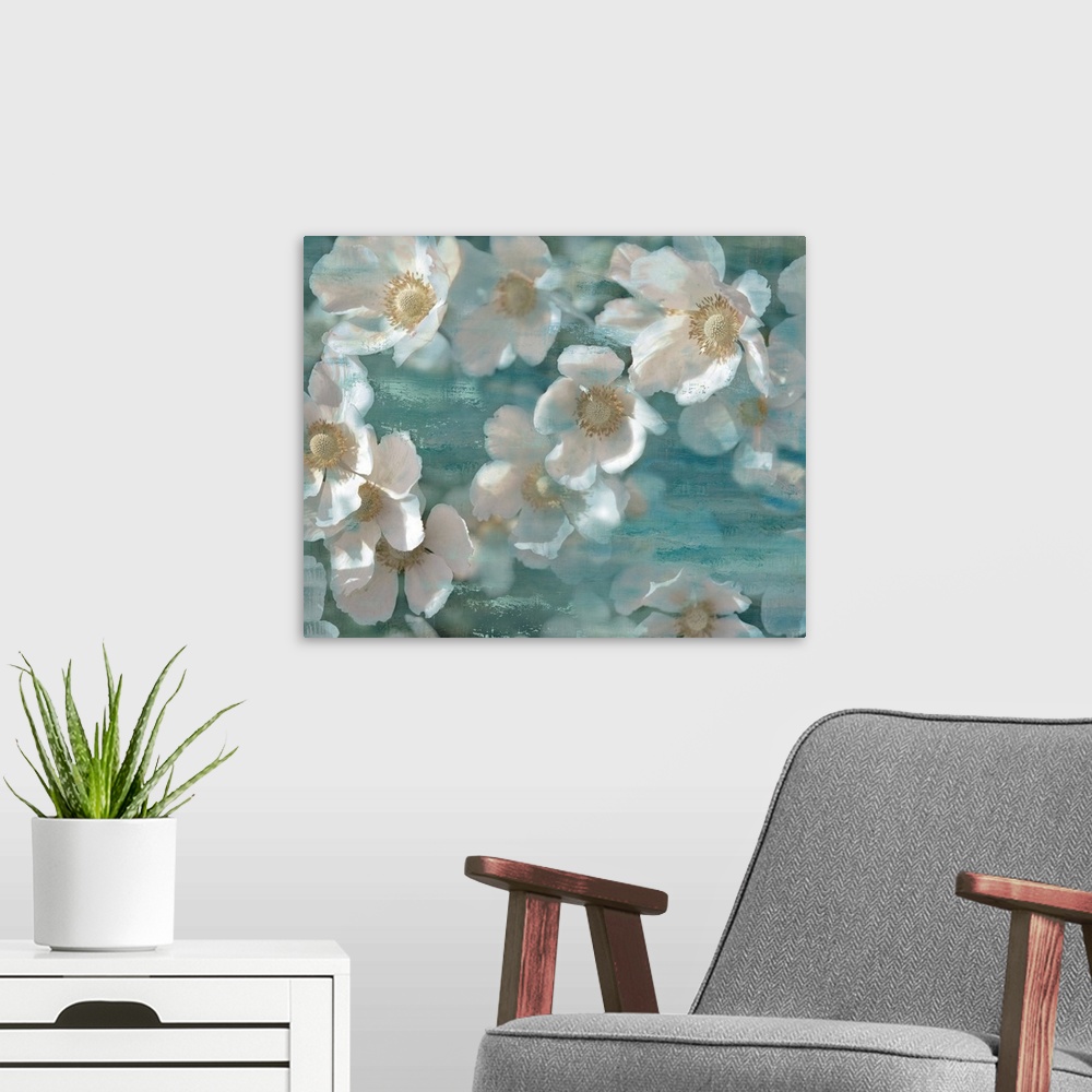 A modern room featuring Dream-like painting of white poppy flowers on a blue background with wood grain.