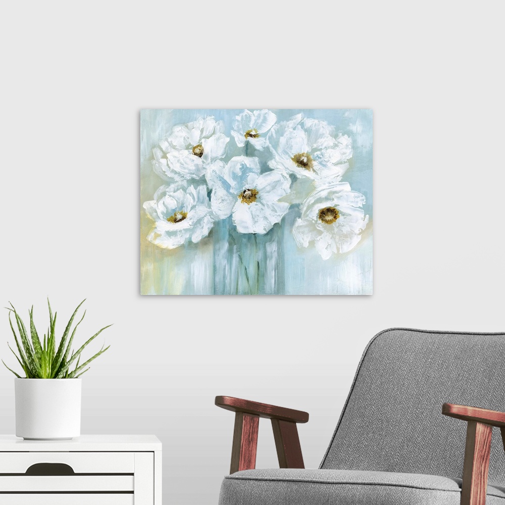 A modern room featuring Contemporary painting of a bouquet of white poppy flowers with blue and gold tones.
