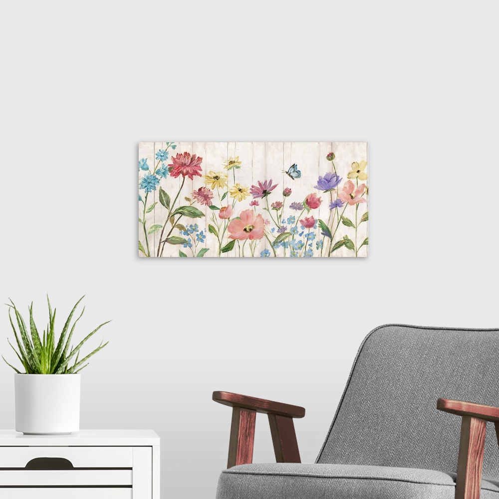 A modern room featuring Large painting of colorful wildflowers and a butterfly flying overhead on a faux wood background ...