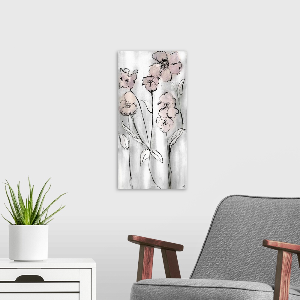 A modern room featuring Dynamic wild flowers are outlined in thin black brush strokes and are softly illustrated in muted...