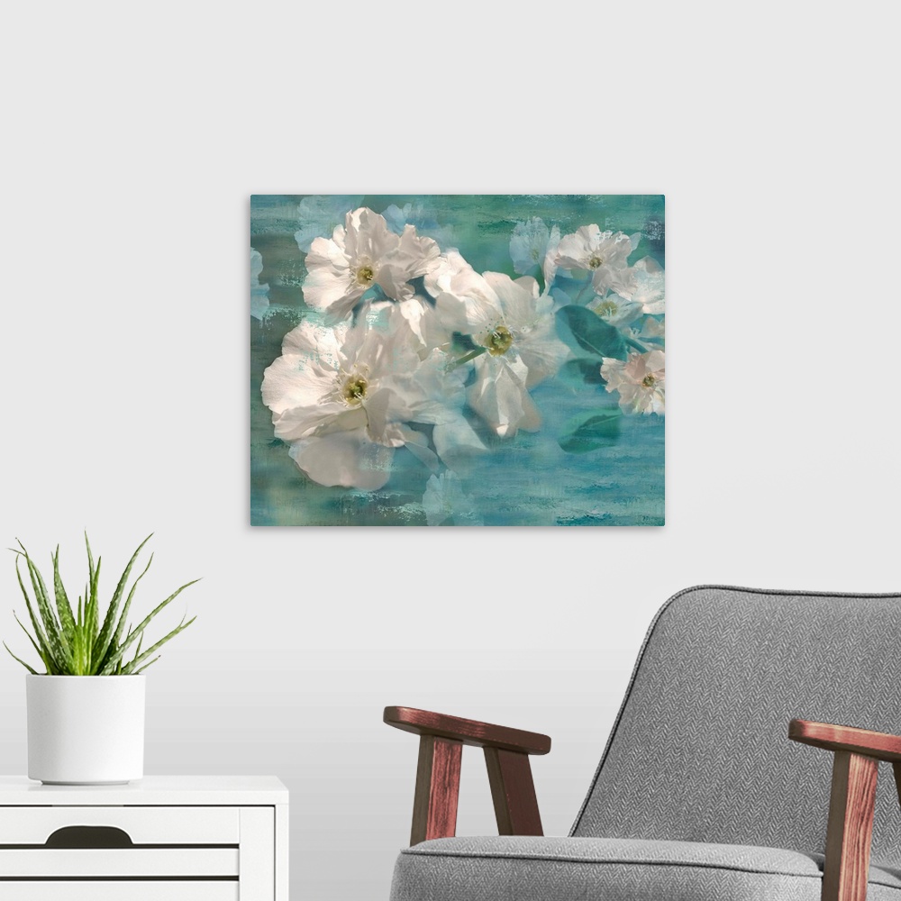 A modern room featuring Dream-like painting of white jasmine flowers on a blue background with wood grain.