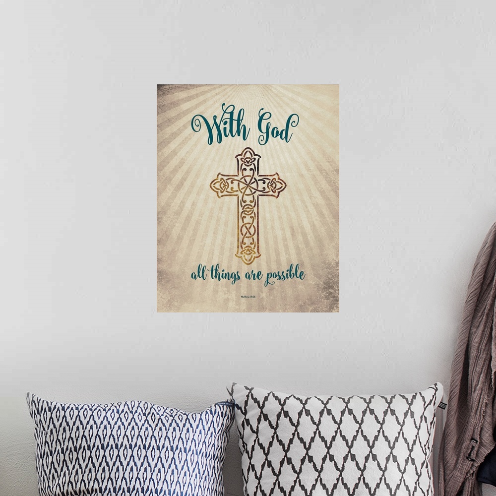 A bohemian room featuring 'With God All Things Are Possible' Matthew 19:26