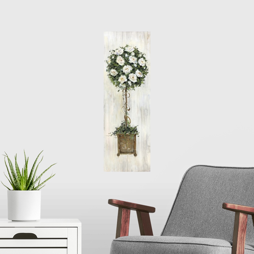 A modern room featuring A contemporary still life painting of a topiary with white flowers and a wood grain background.