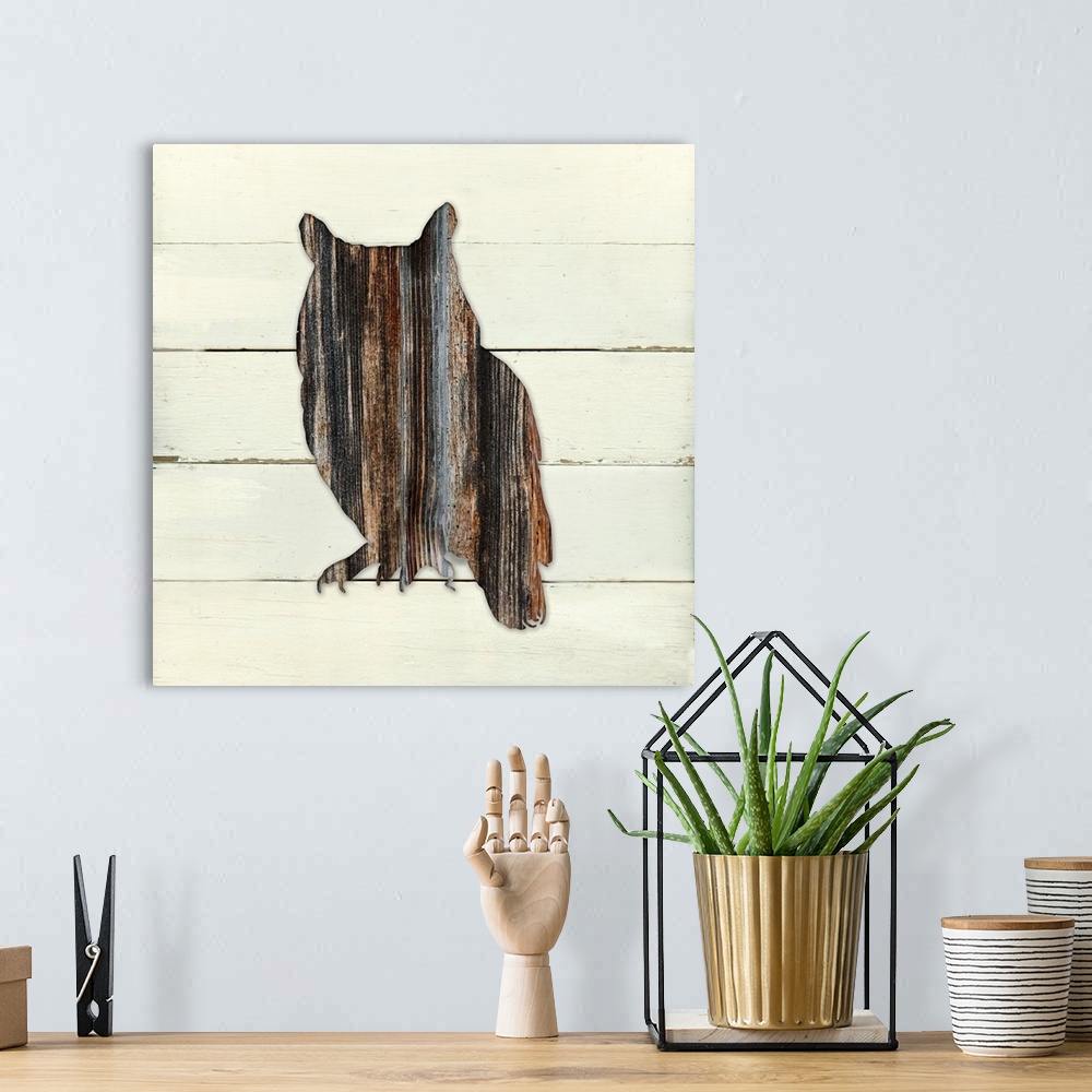 A bohemian room featuring Square decor of a dark brown wooden silhouette of a owl on a white wooden plant background.
