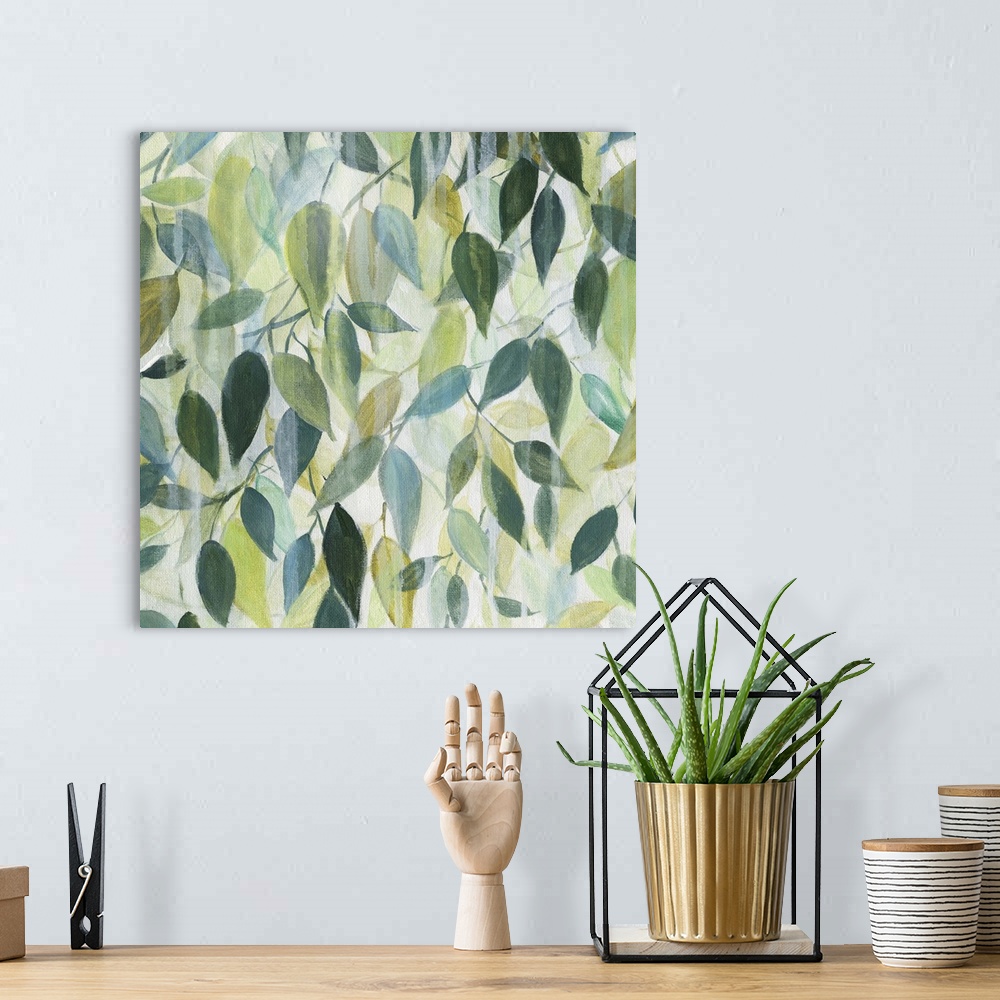 A bohemian room featuring Contemporary square painting of leaves in different shades of green with faint drips of rain on top.