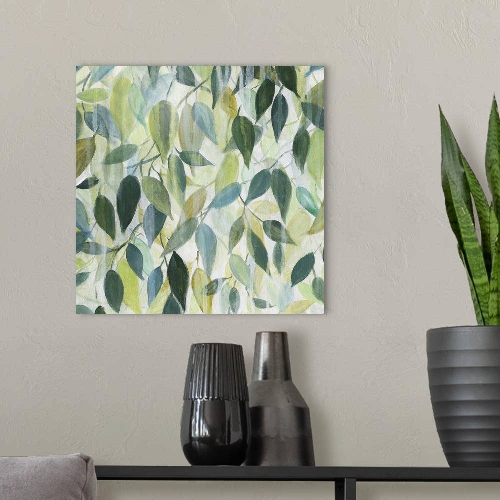 A modern room featuring Contemporary square painting of leaves in different shades of green with faint drips of rain on top.