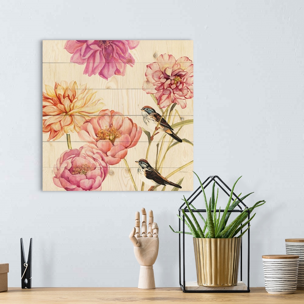 A bohemian room featuring Square painting of orange and pink flowers with two birds perched on the stems on a wood grain ba...