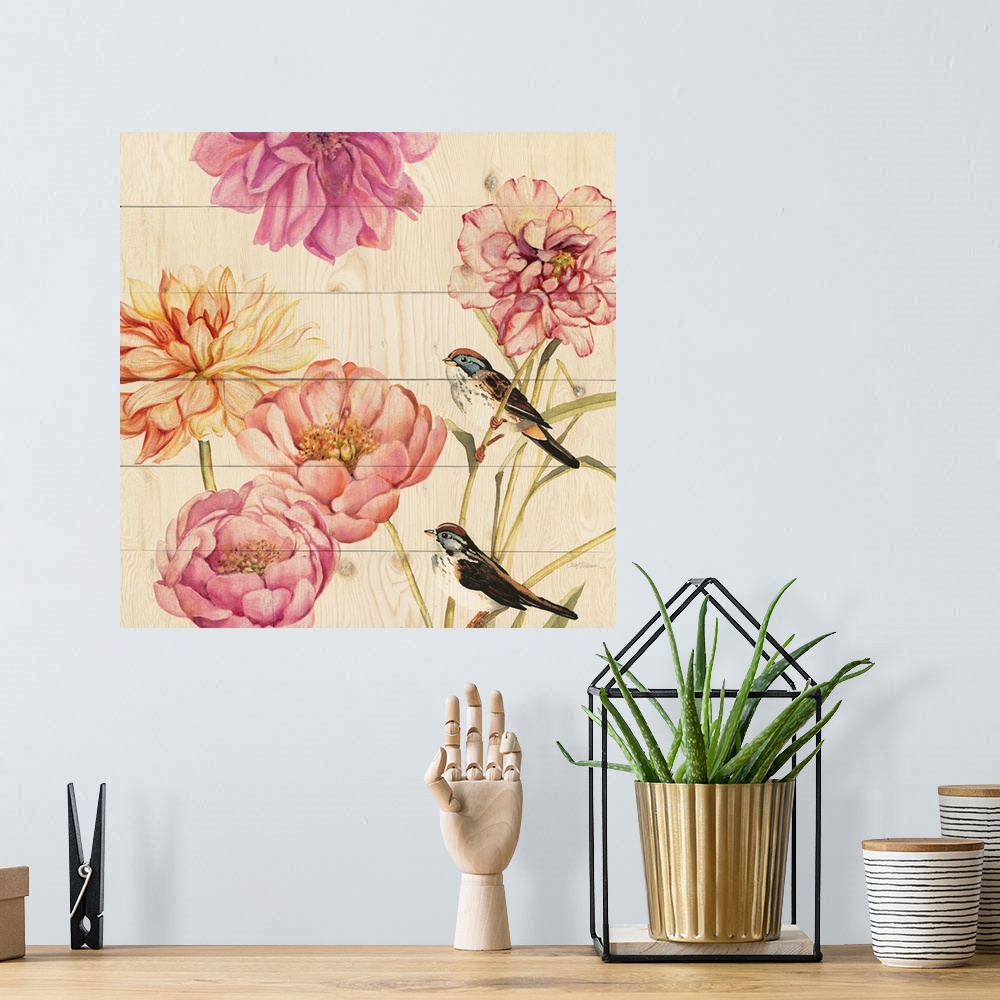 A bohemian room featuring Square painting of orange and pink flowers with two birds perched on the stems on a wood grain ba...