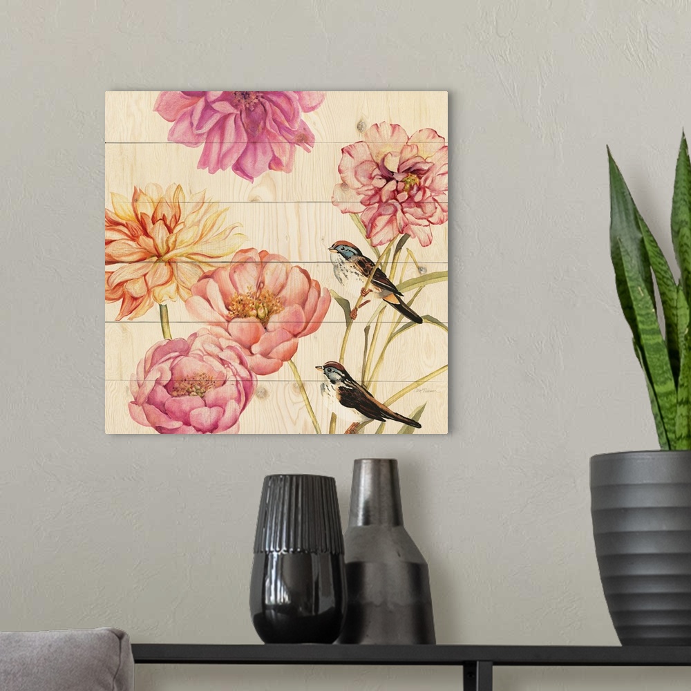 A modern room featuring Square painting of orange and pink flowers with two birds perched on the stems on a wood grain ba...