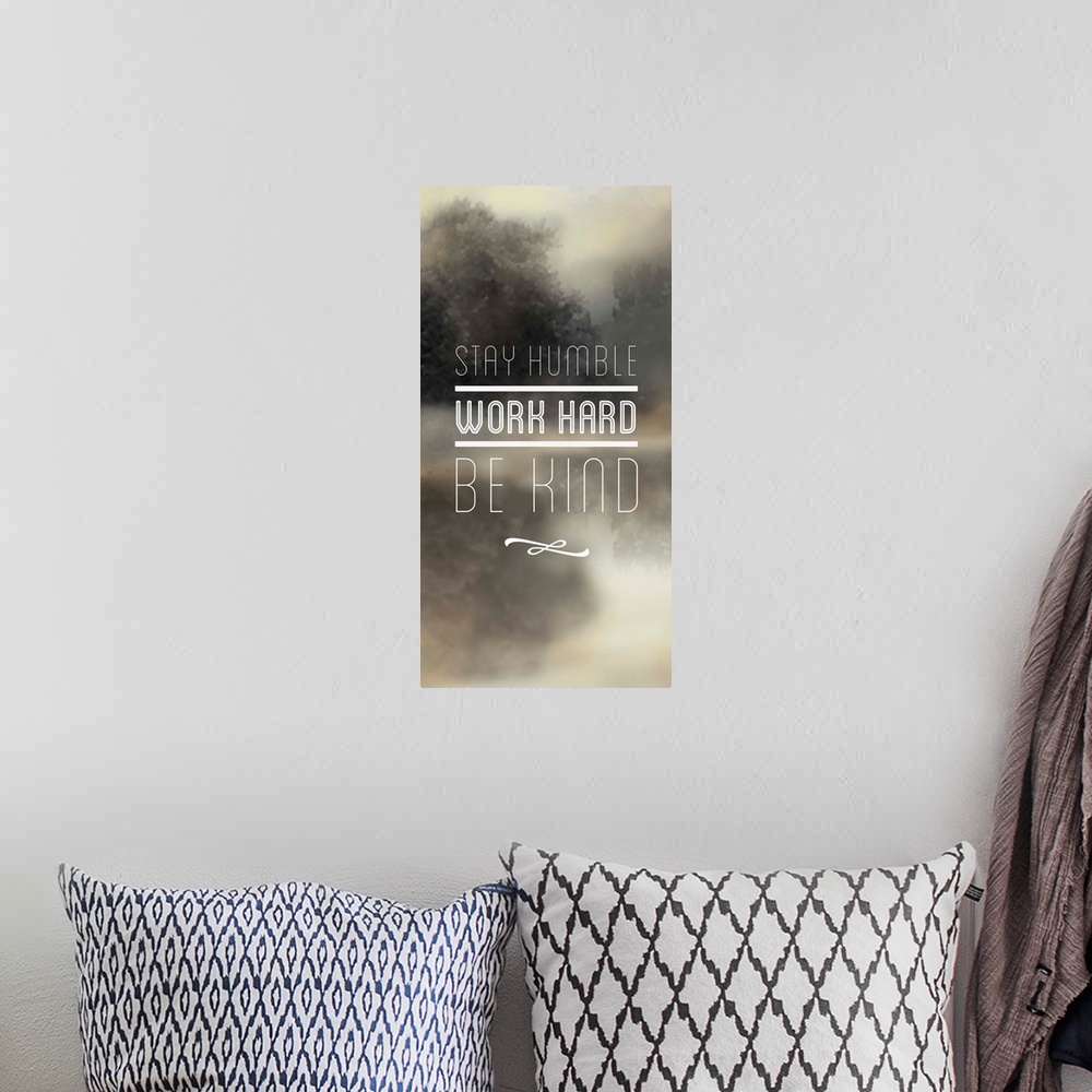 A bohemian room featuring Inspirational typography on a neutral colored background with a foggy tree scene.