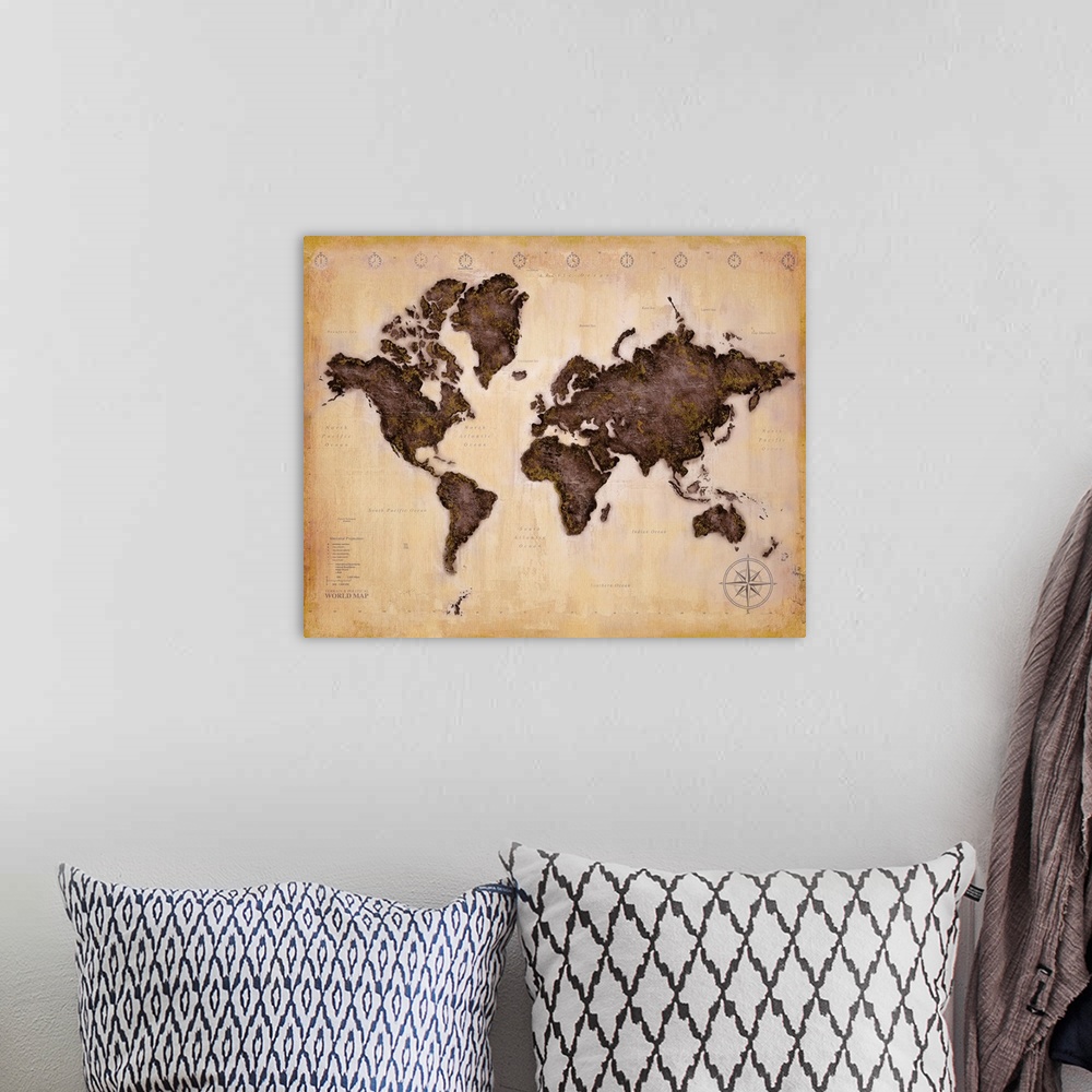 A bohemian room featuring Distressed watercolor style of the world map with darker colored continents on a lighter, antique...