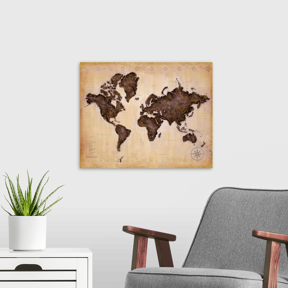 A modern room featuring Distressed watercolor style of the world map with darker colored continents on a lighter, antique...