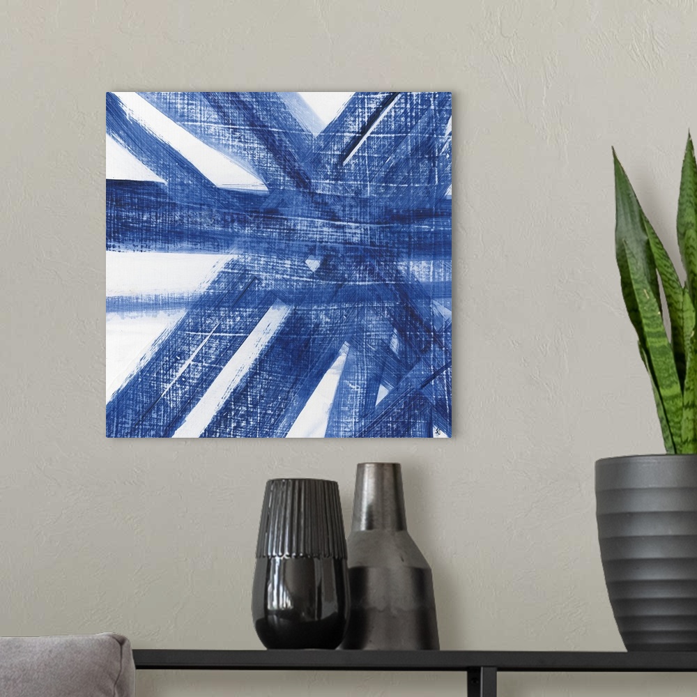 A modern room featuring Large blue brushstrokes sweeping in all directions on a crosshatched white background.