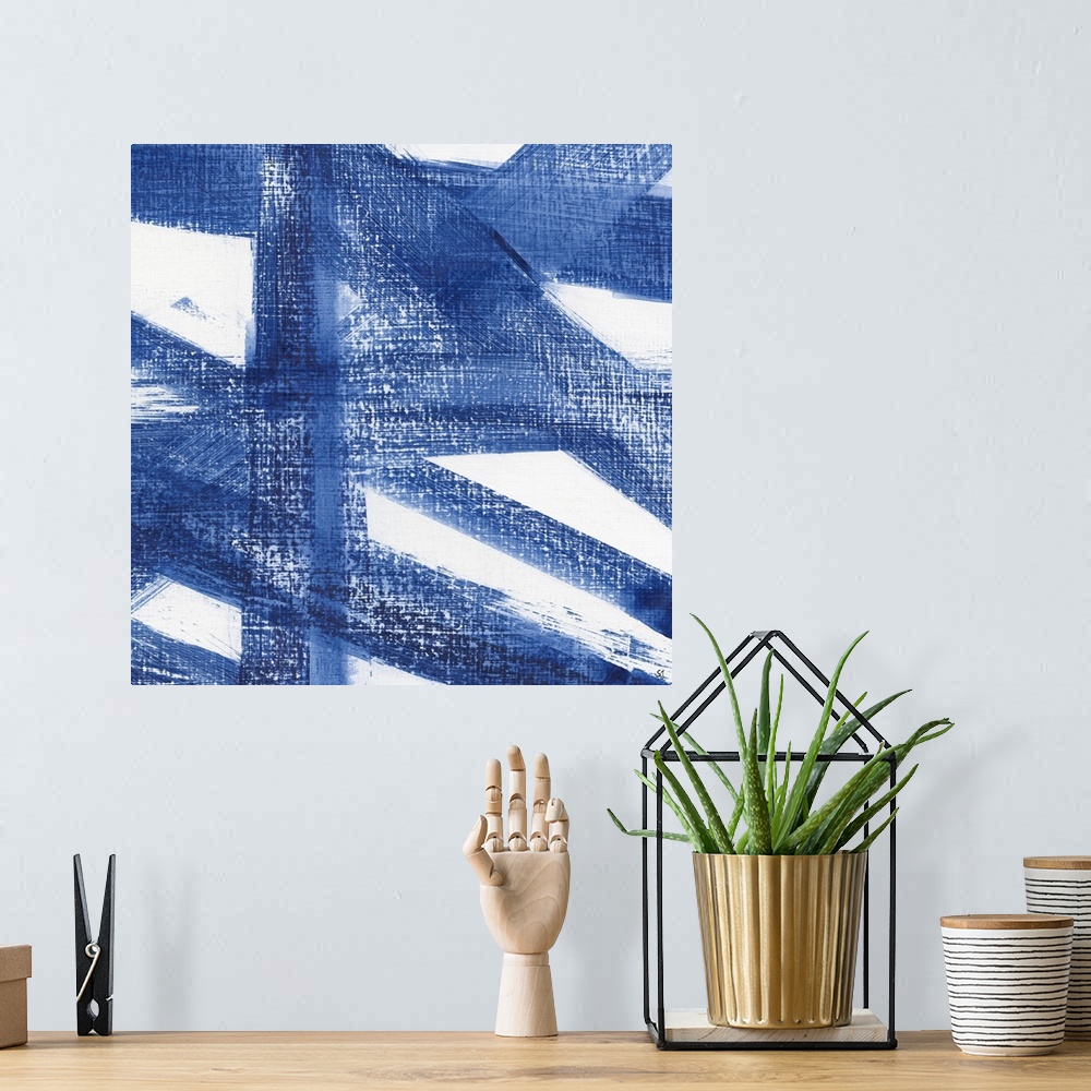 A bohemian room featuring Large blue brushstrokes sweeping in all directions on a crosshatched white background.