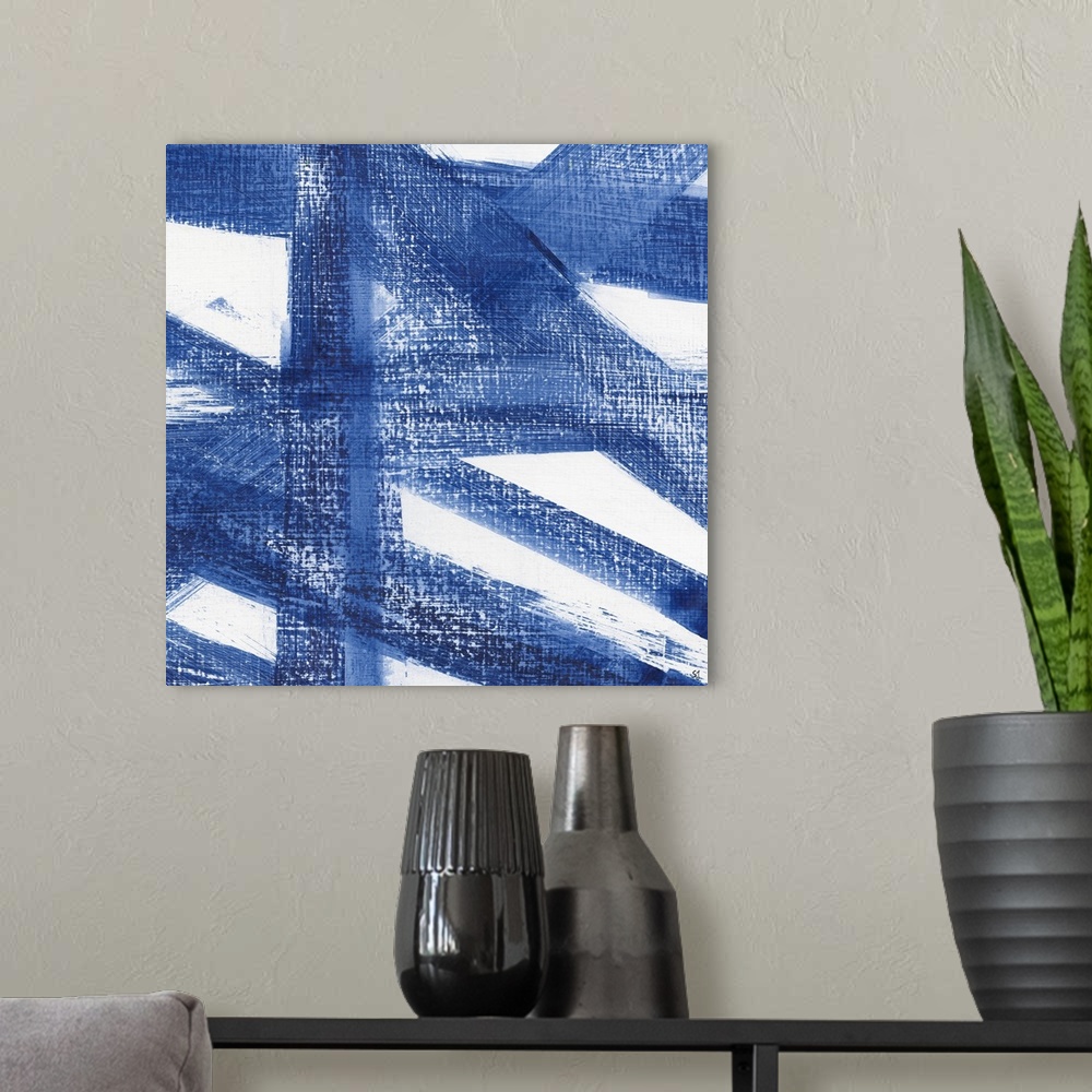 A modern room featuring Large blue brushstrokes sweeping in all directions on a crosshatched white background.