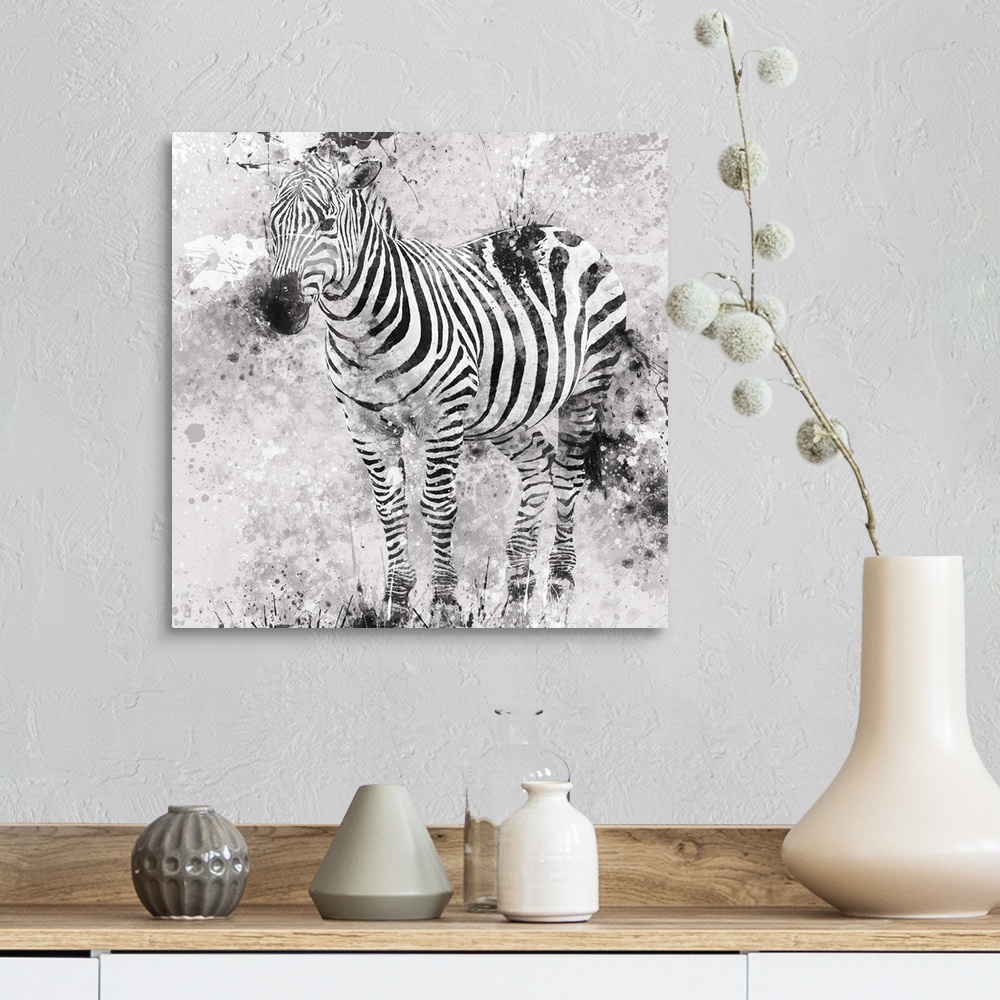 A farmhouse room featuring Contemporary artwork of a zebra against a textured looking background with an overall grungy and ...