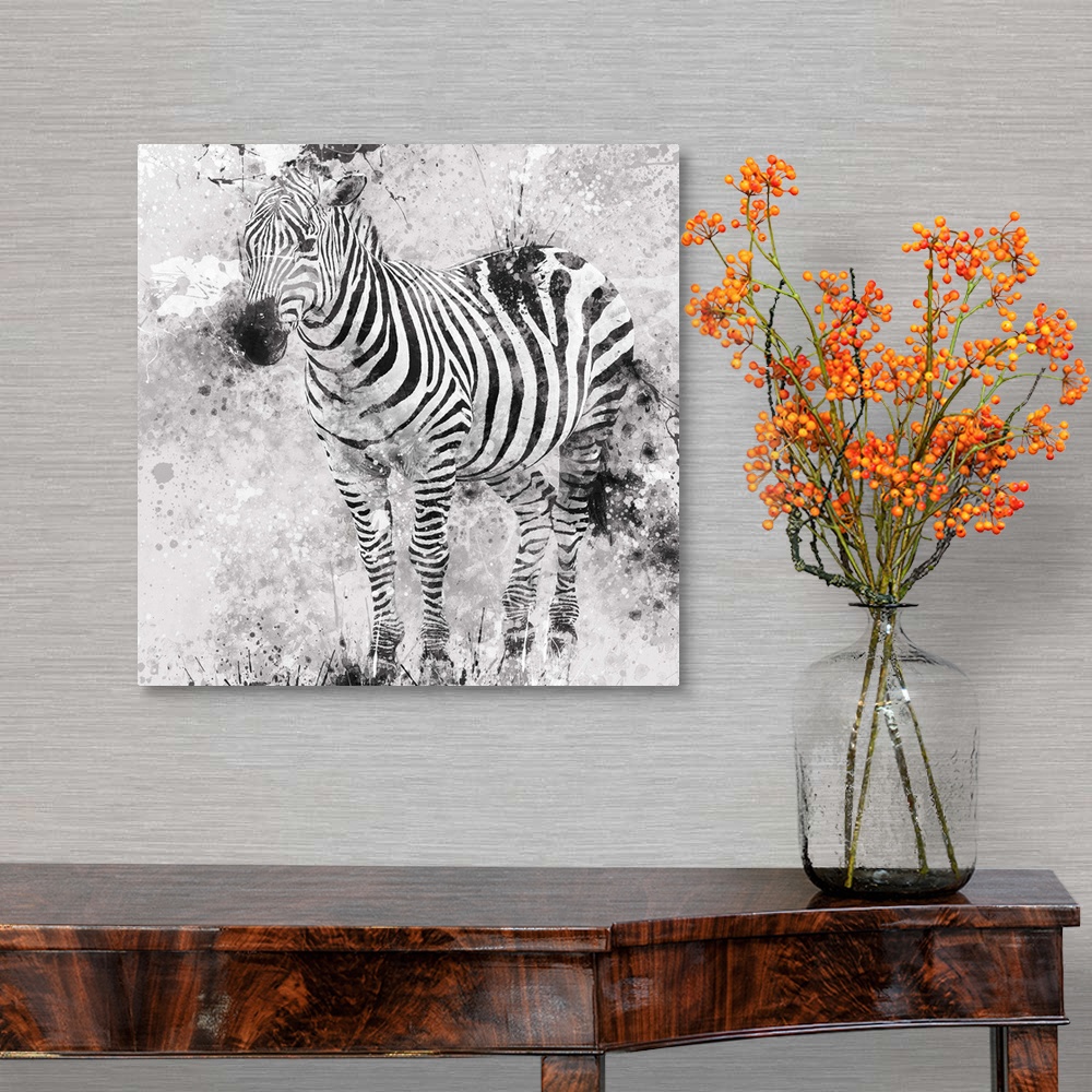 A traditional room featuring Contemporary artwork of a zebra against a textured looking background with an overall grungy and ...