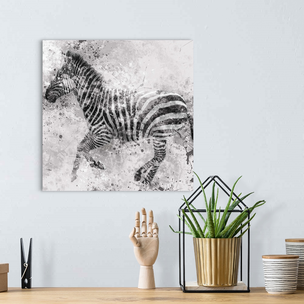 A bohemian room featuring Contemporary artwork of a zebra against a textured looking background with an overall grungy and ...