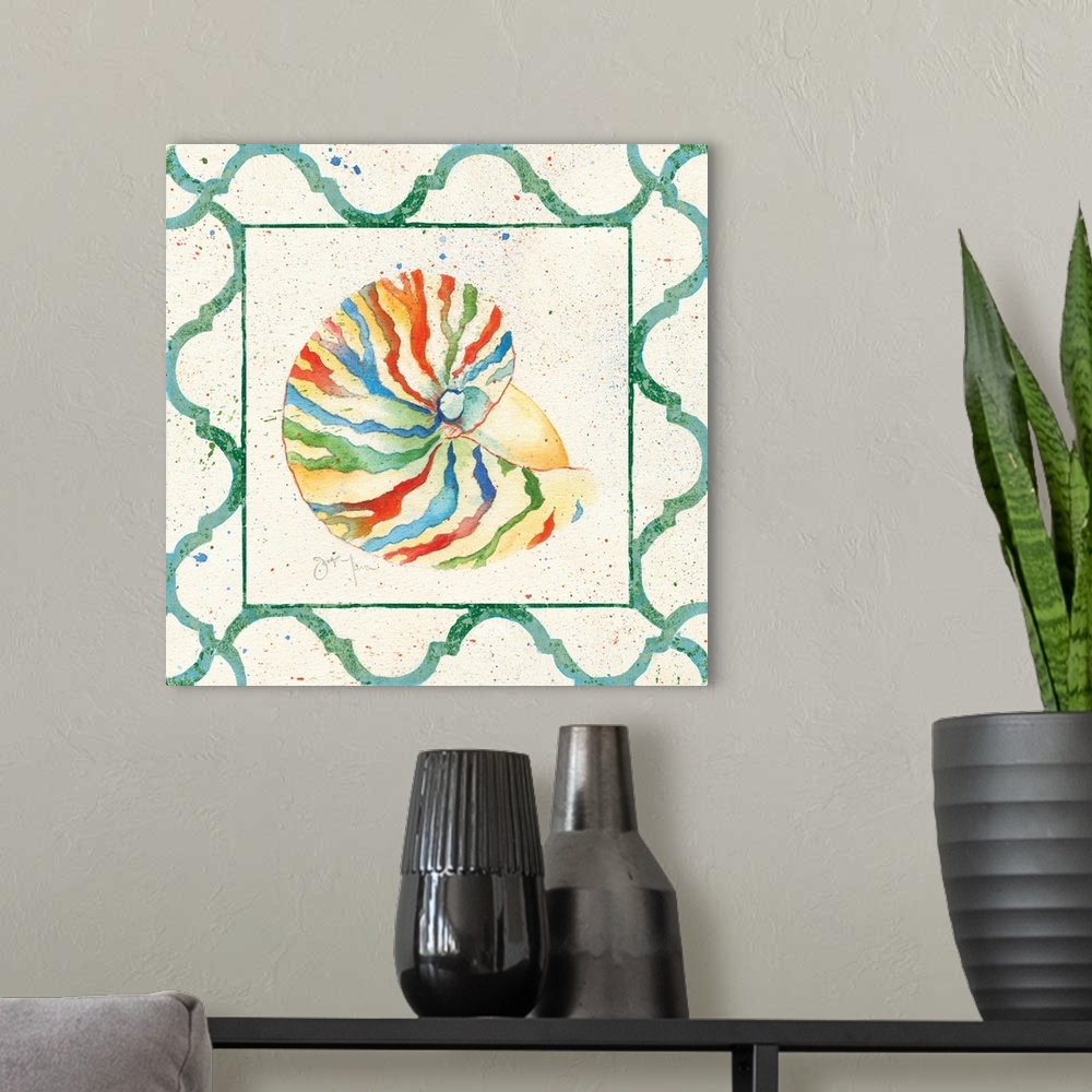 A modern room featuring A nautilus shell with rainbow stripes and a green border.