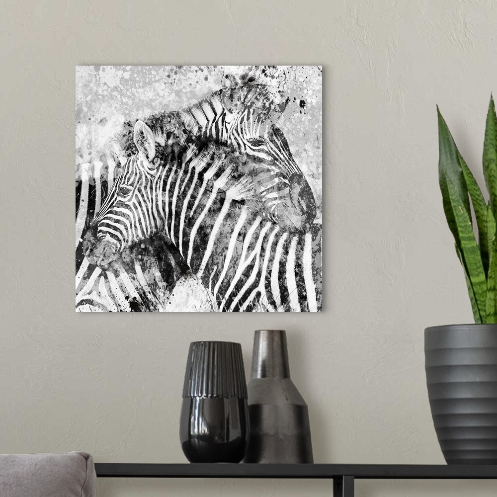 A modern room featuring Contemporary artwork of a zebra against a textured looking background with an overall grungy and ...