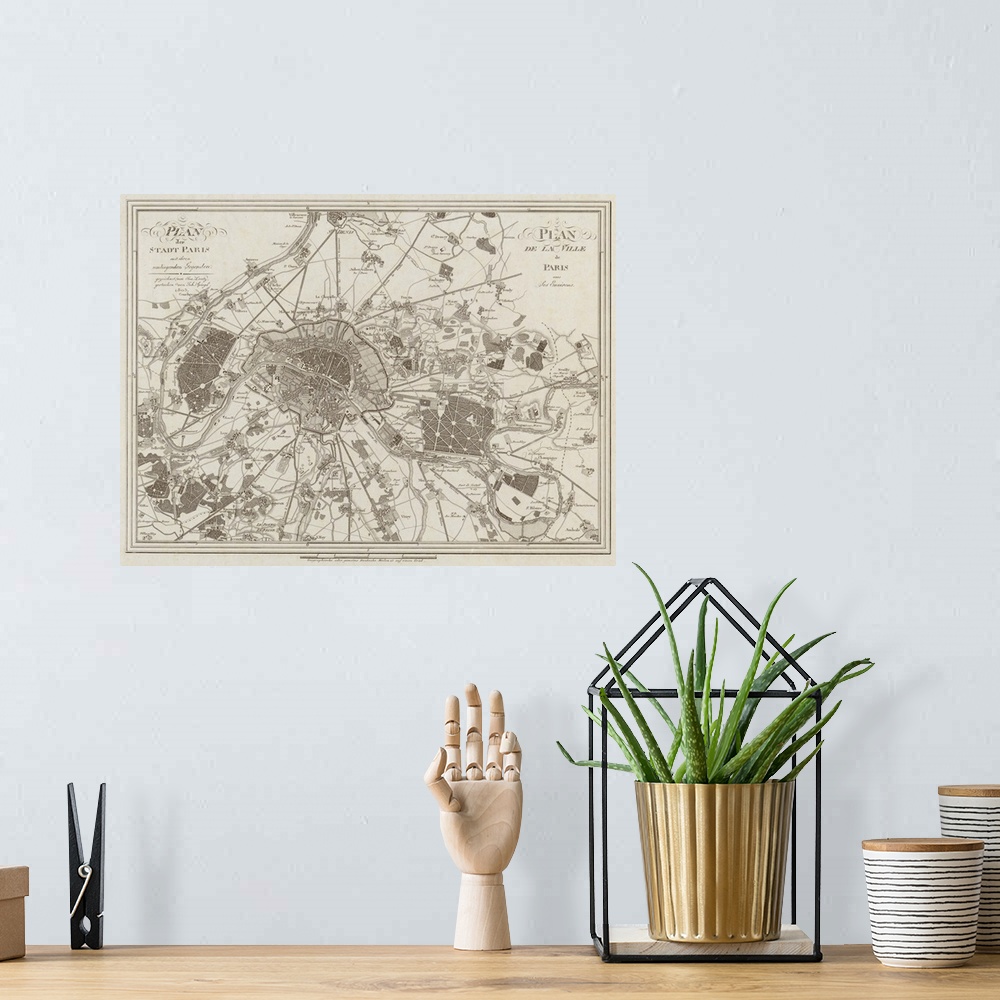 A bohemian room featuring Vintage map of Paris, France from 1805.