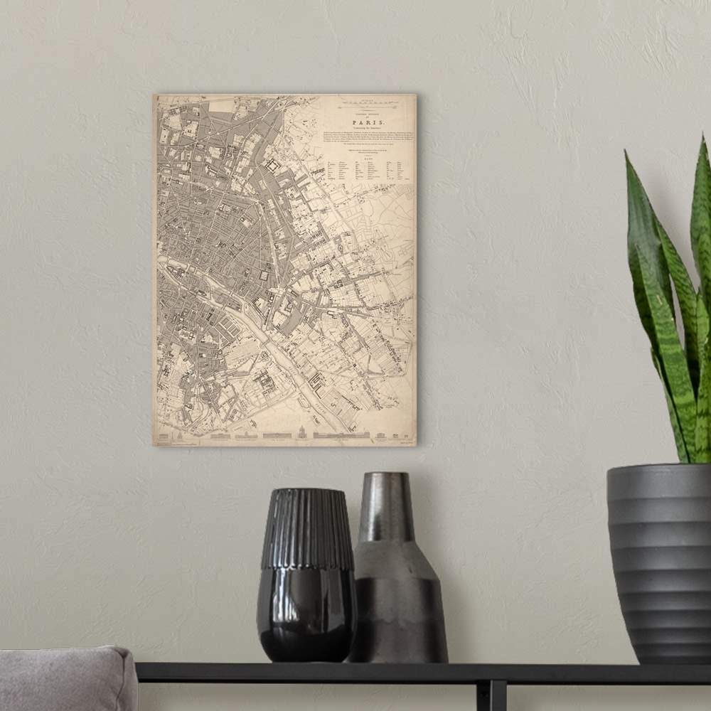 A modern room featuring Vintage map of Paris, France from 1833.