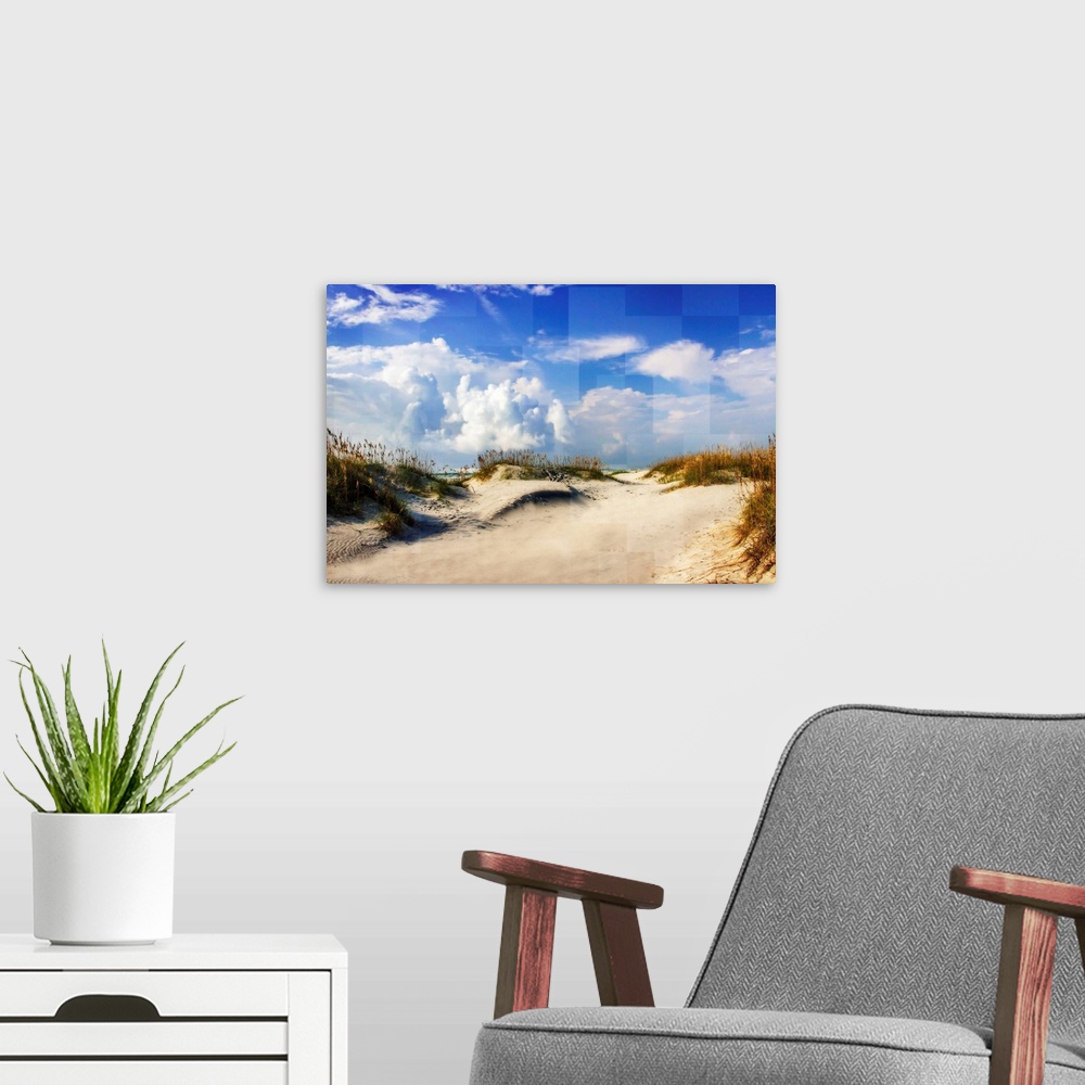 A modern room featuring A sandy beach under a bright blue sky, with square shapes in the sky.
