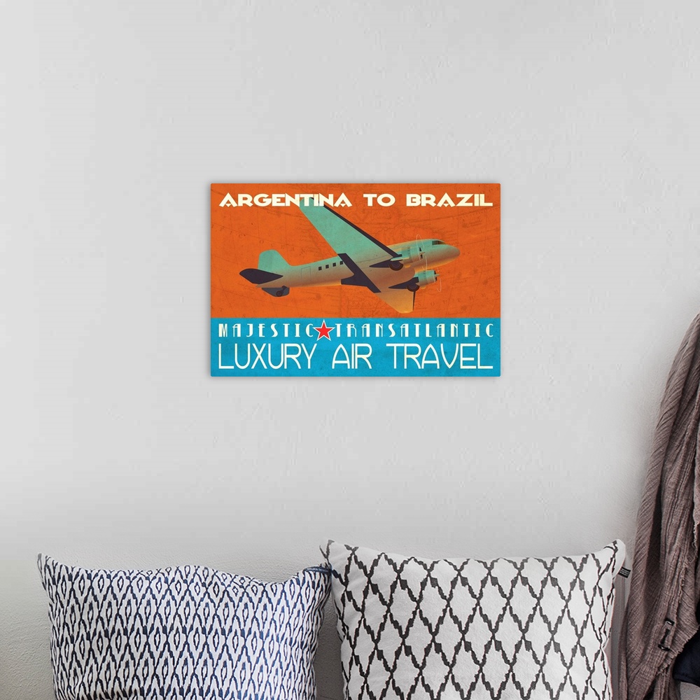 A bohemian room featuring Retro style travel poster advertising flights in South America.