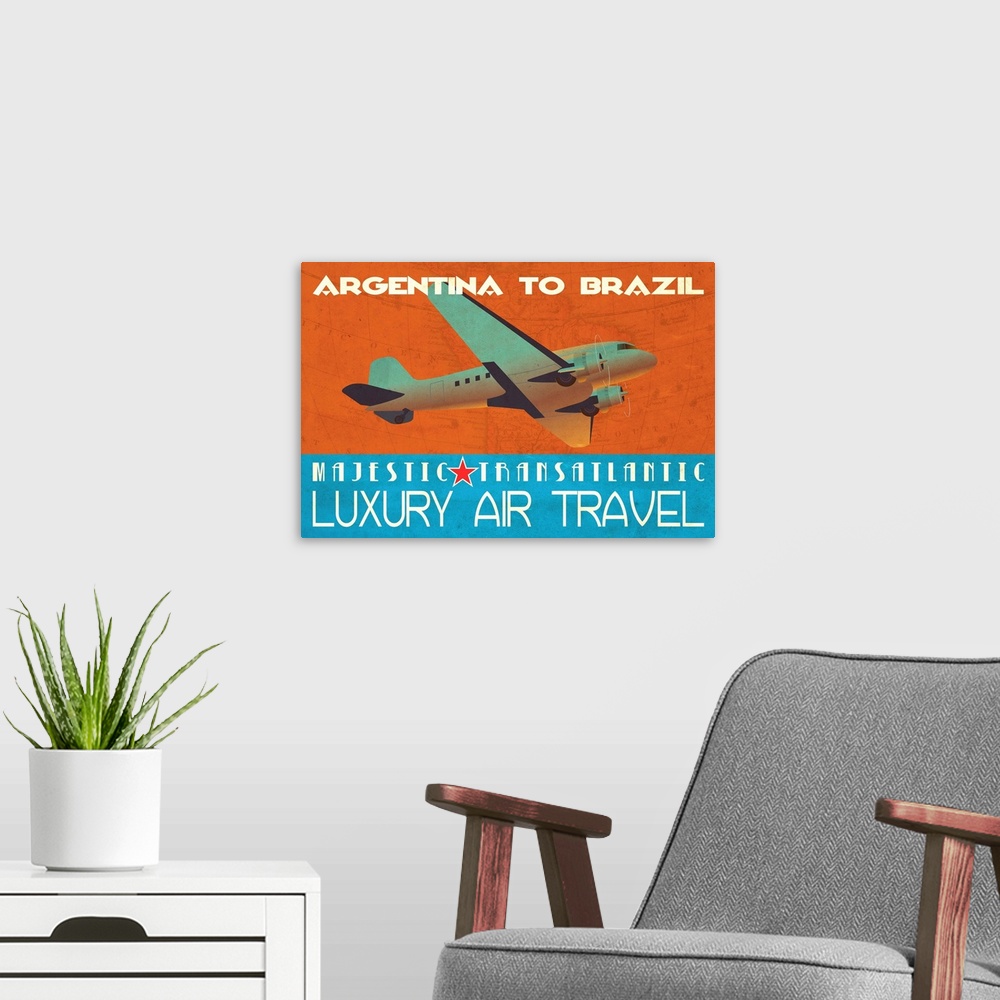 A modern room featuring Retro style travel poster advertising flights in South America.