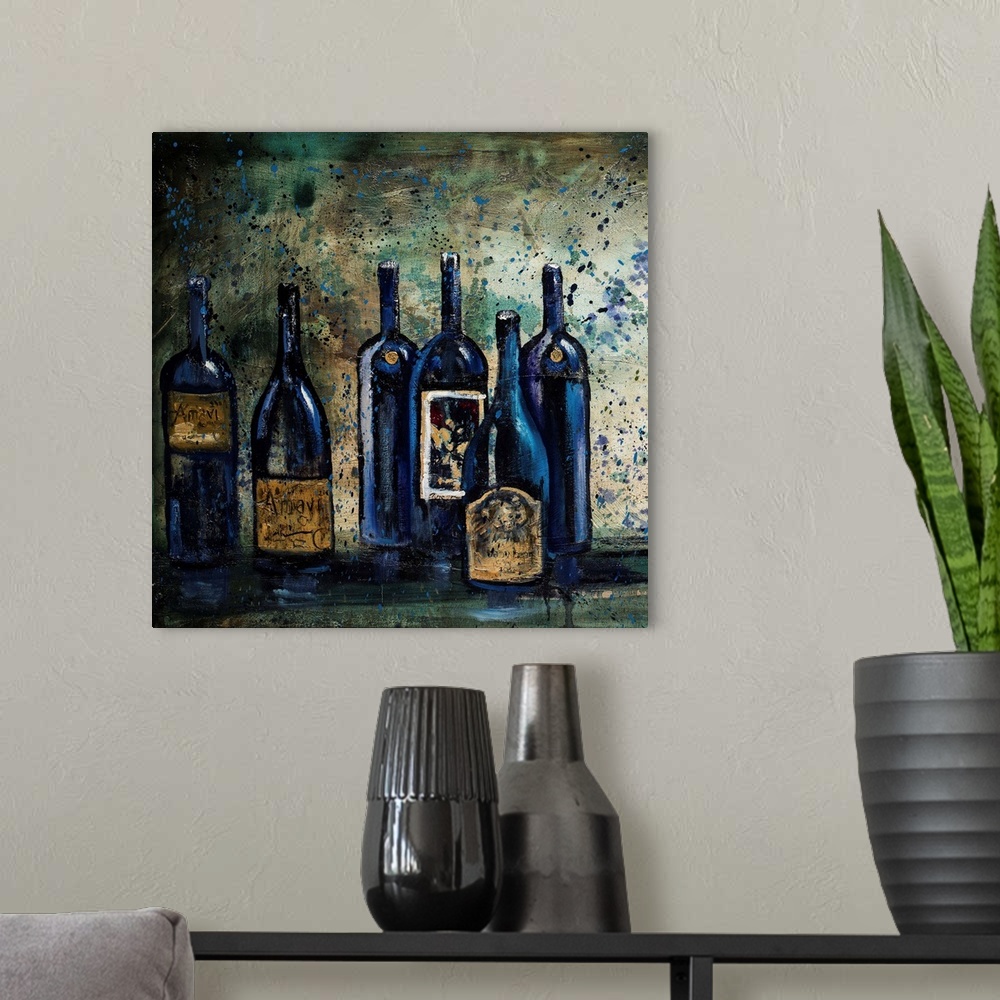 A modern room featuring Square still life painting of blue wine bottles on a table with a paint splattered background.