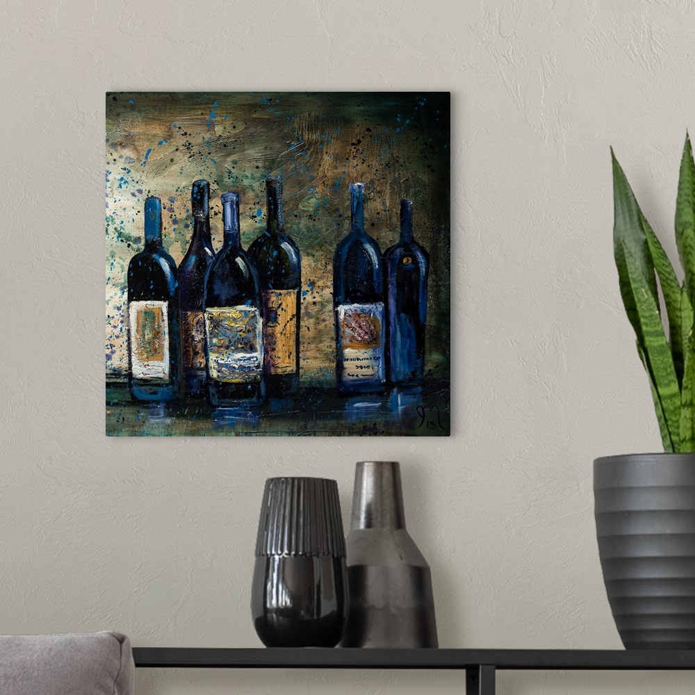 A modern room featuring Square painting of cool toned wine bottles with a blue paint splattered overlay.