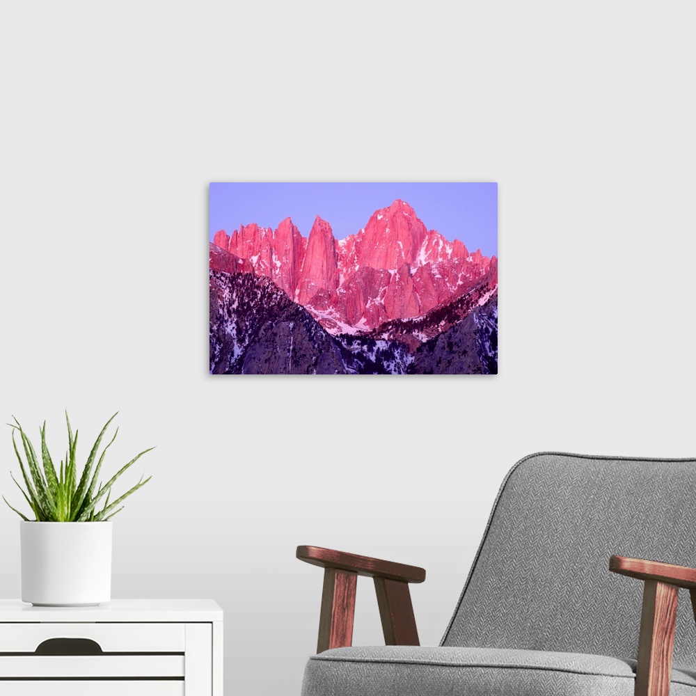A modern room featuring Pink and purple toned photograph of rocky mountain peaks on Mt. Whitney at sunrise.