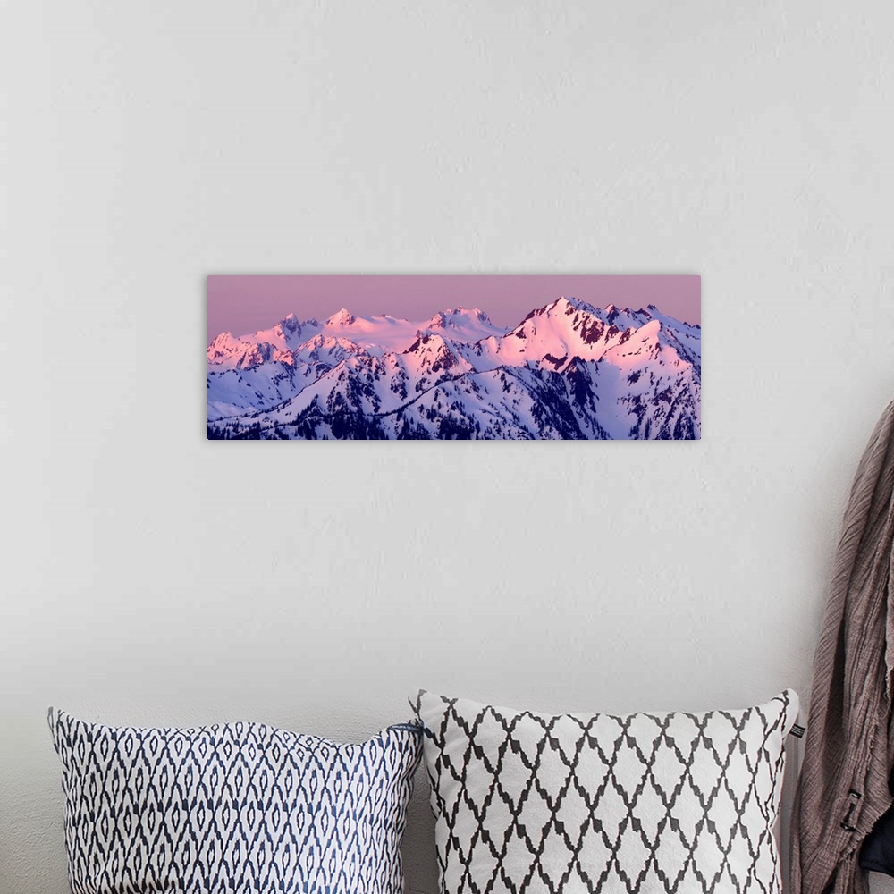 A bohemian room featuring Panoramic photograph of pink alpenglow on top of Mount Olympus, Washington.
