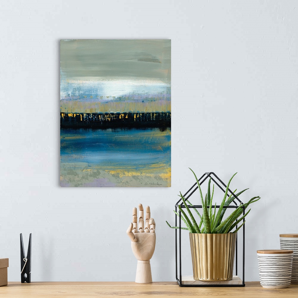 A bohemian room featuring Abstract painting with gray, yellow, blue, black, and light purple hues.