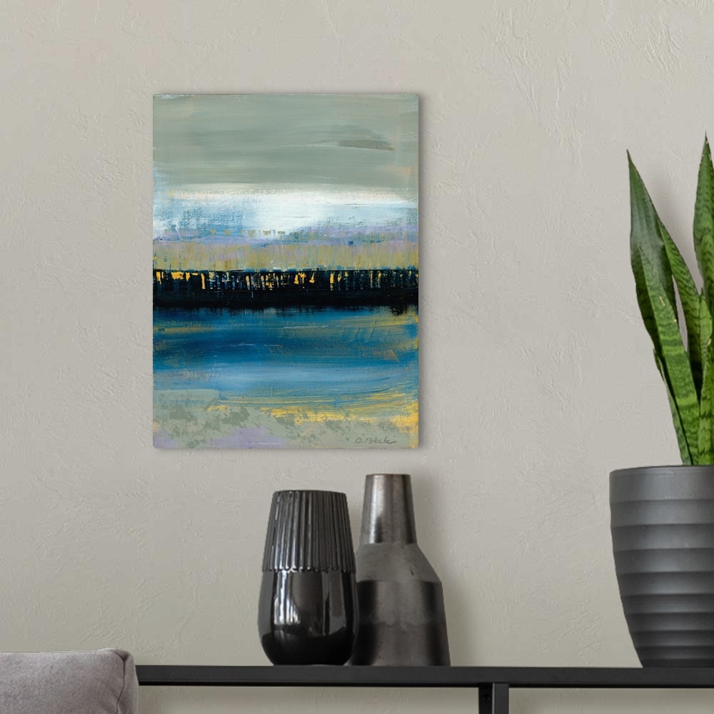 A modern room featuring Abstract painting with gray, yellow, blue, black, and light purple hues.