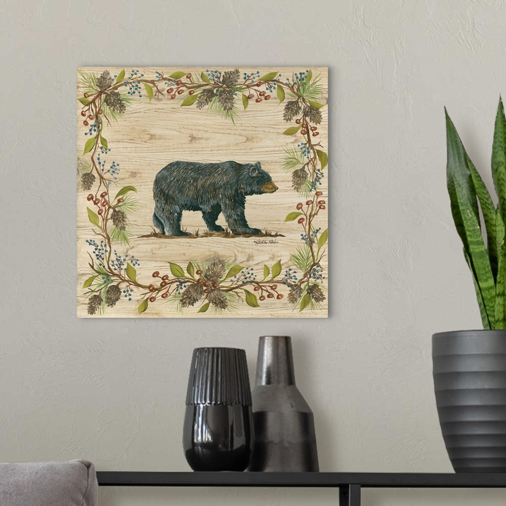A modern room featuring Square decorative painting of a black bear on a wood grain background with a leafy frame with ber...