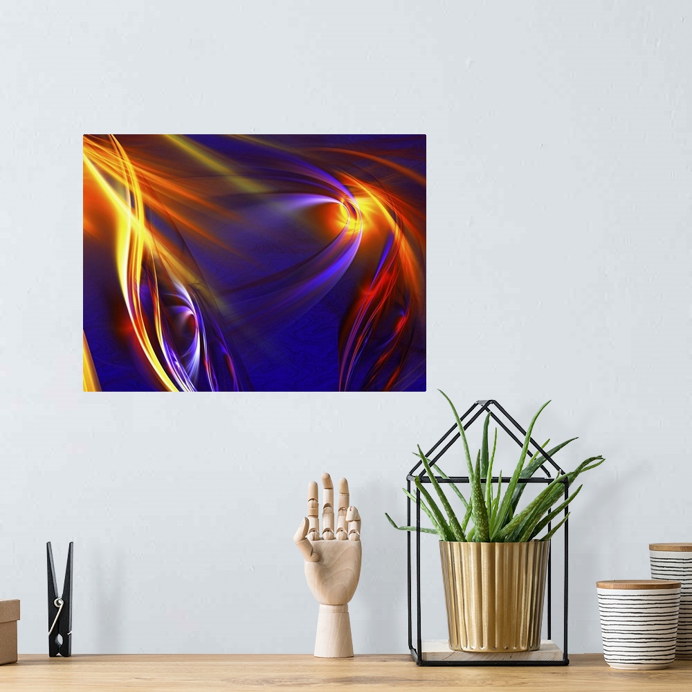A bohemian room featuring Digital abstract artwork in fiery orange swirls on dark blue.