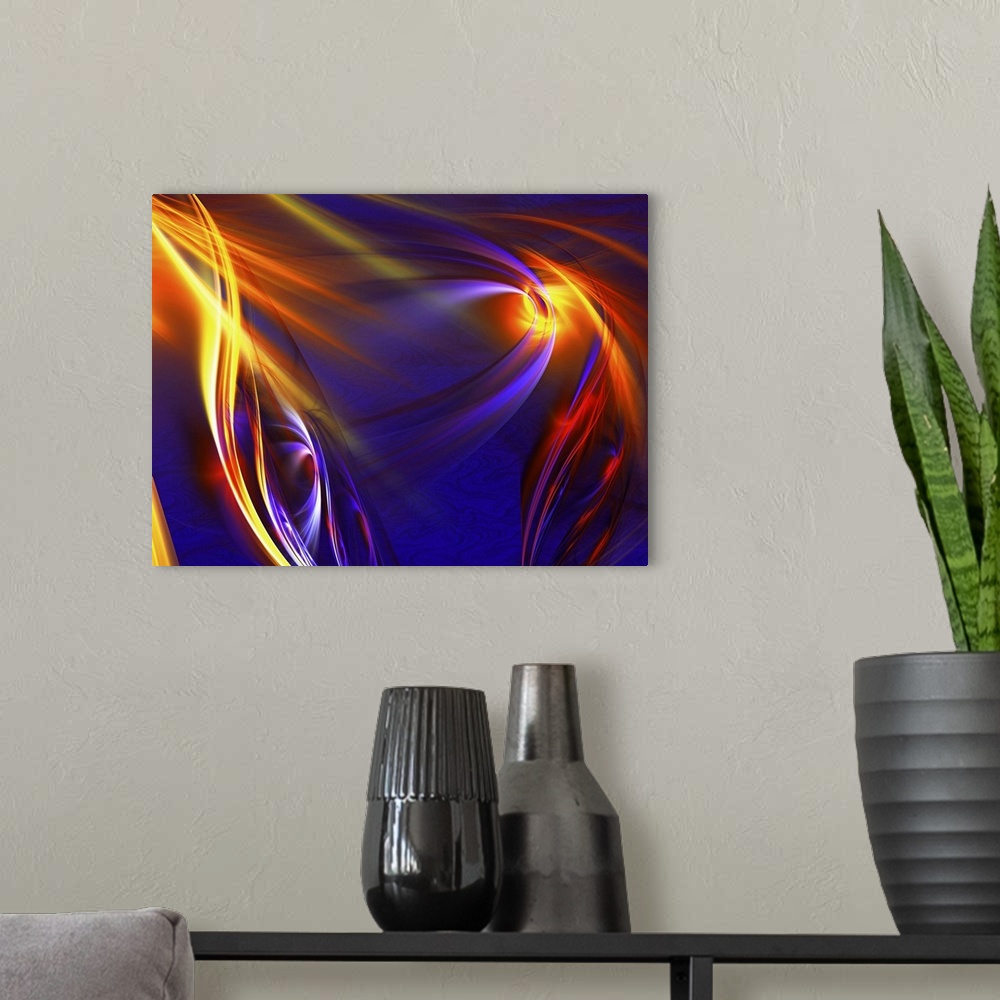A modern room featuring Digital abstract artwork in fiery orange swirls on dark blue.
