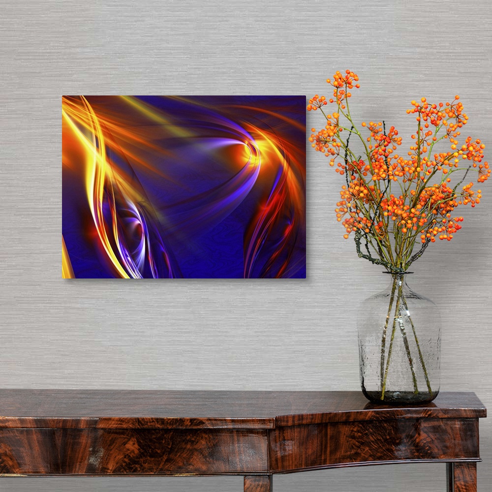 A traditional room featuring Digital abstract artwork in fiery orange swirls on dark blue.