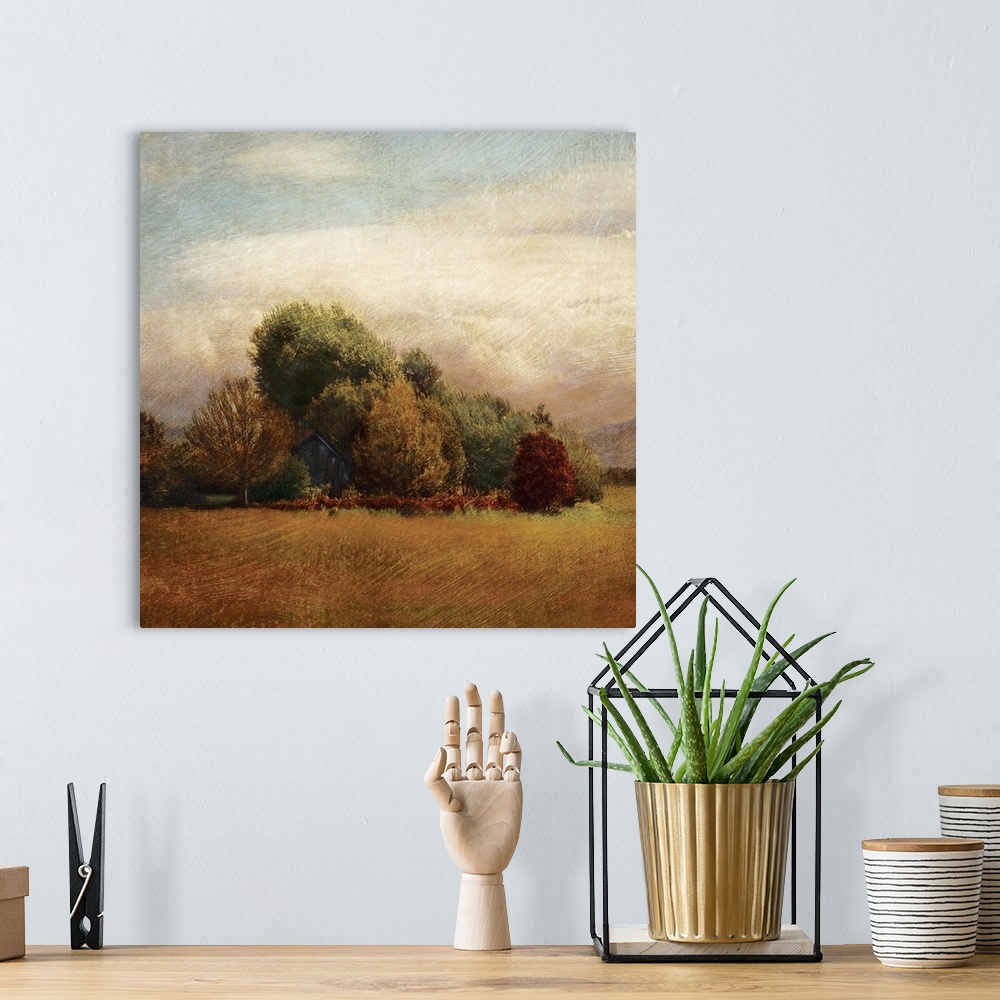 A bohemian room featuring Contemporary painting of a small grove overgrown with trees and an abandoned barn peeking through.