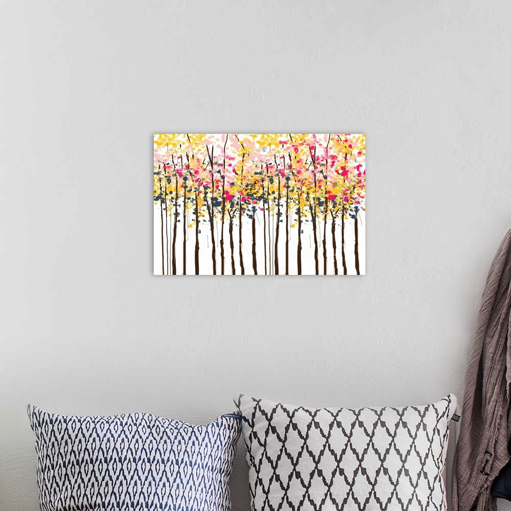 A bohemian room featuring Contemporary painting of a forest of trees with colorful leaves.