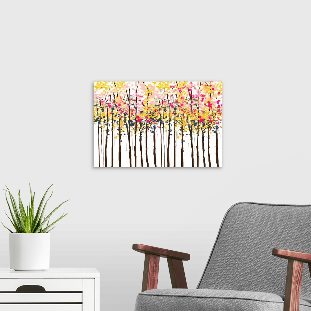 A modern room featuring Contemporary painting of a forest of trees with colorful leaves.