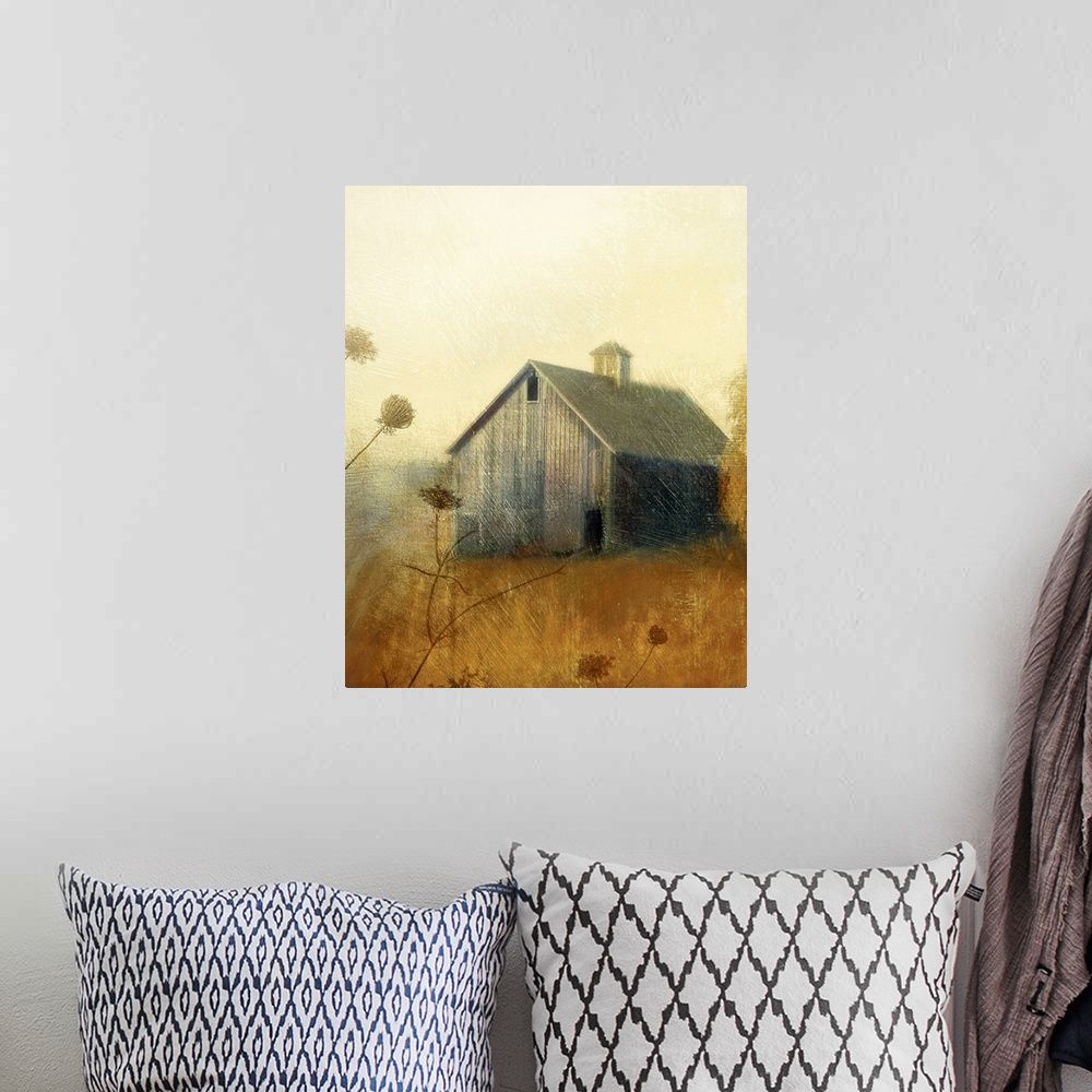 A bohemian room featuring Thick bristle painting of a wooden barn sitting in the middle of a field.