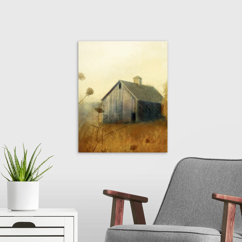 A modern room featuring Thick bristle painting of a wooden barn sitting in the middle of a field.